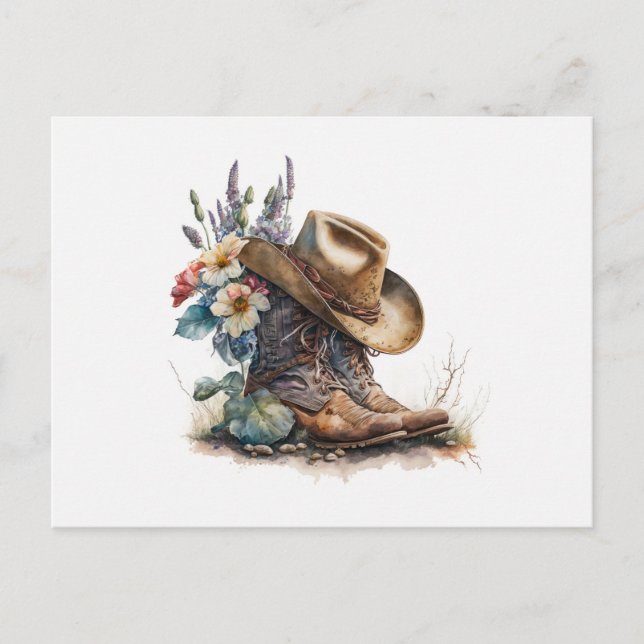 Carte Postale Country Cowgirl Boots Flower Casquette Texas (Devant)