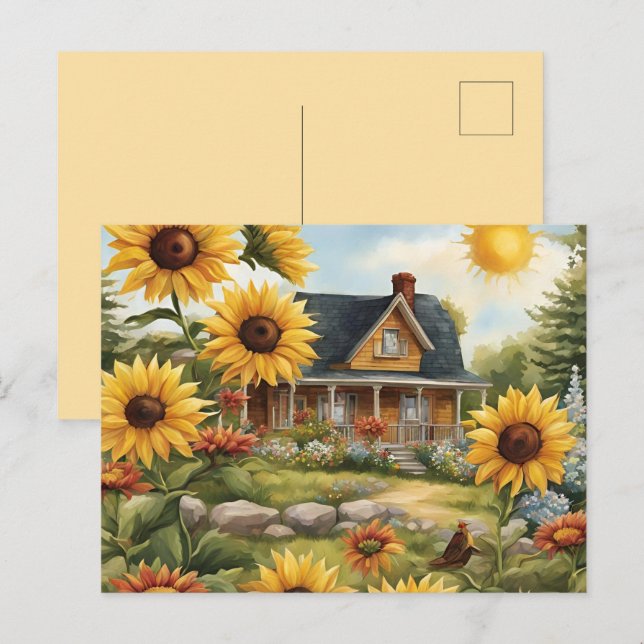 Carte Postale Country Farmhouse Dreamy Golden Sunflowers (Devant / Derrière)