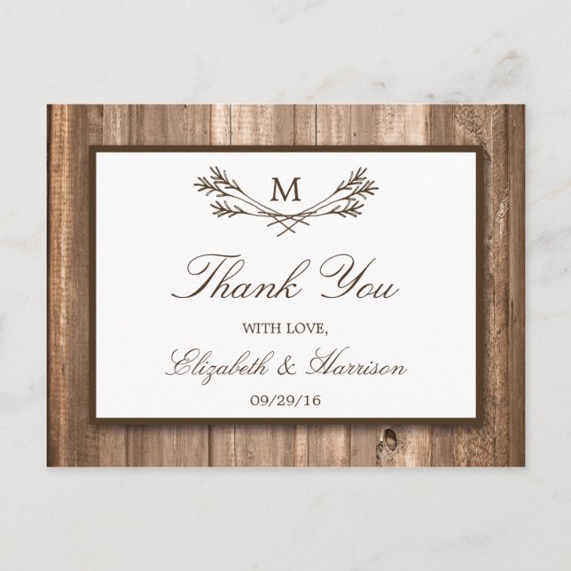 Carte Postale Country Rustic Monogram Branche & Mariage bois (Devant)
