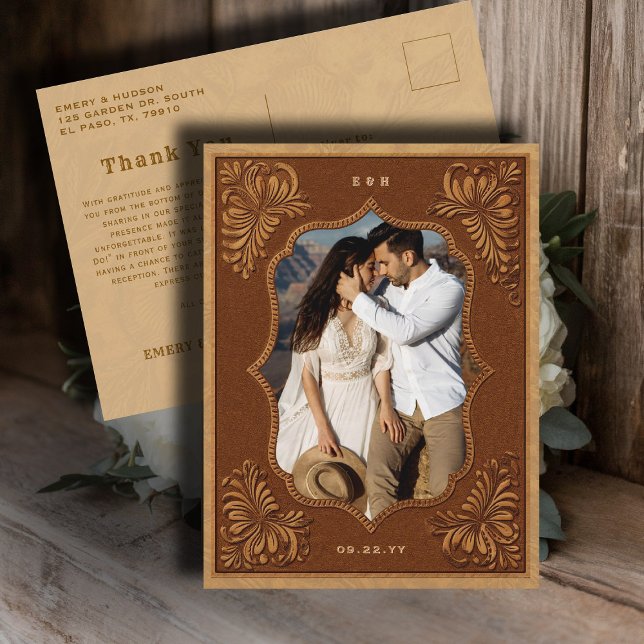 Carte Postale Country Western Tooled Wedding Photo Thank You (country rustic cowboy wedding thank you postcard faux tooled leather terracotta rust western barn)