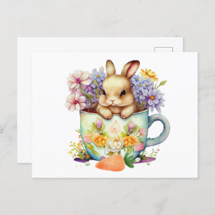 Carte Postale Coupe de thé à l'aquarelle mignonne lapin dans la