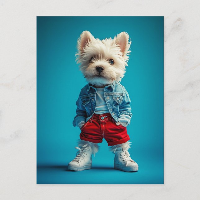 Carte Postale Coupe Westie stylish en Denim et Basket (Devant)