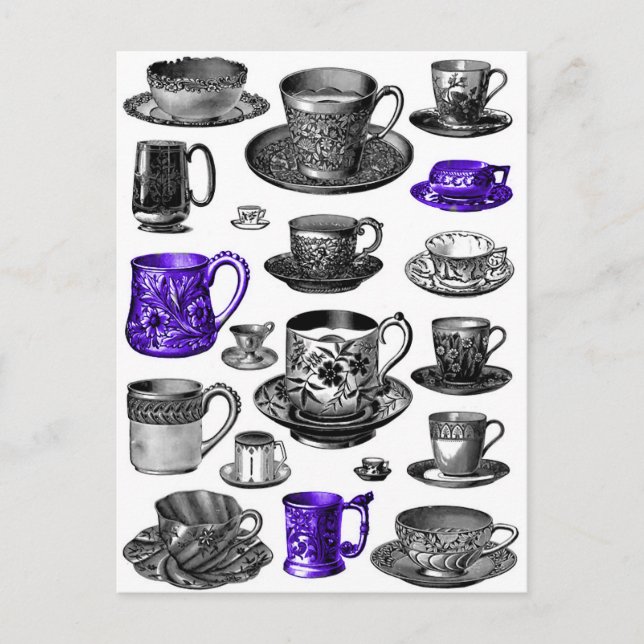 Carte Postale Coupes vintages et soucoupes Bleu (Devant)