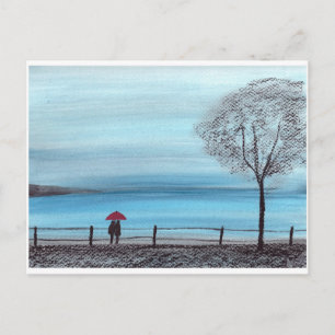 Carte Postale Couple amoureux avec parapluie rouge