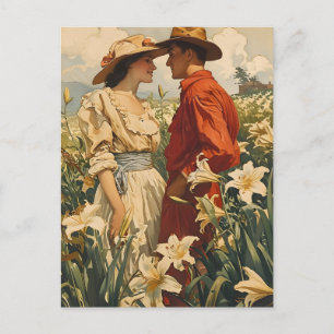 Carte Postale Couple au milieu des Lys blancs Vintage romantique