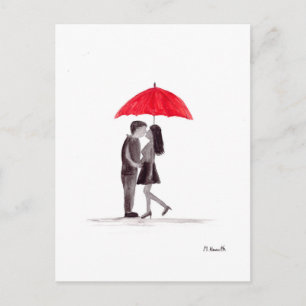 Carte Postale Couple au parapluie rouge en amour aquarelle