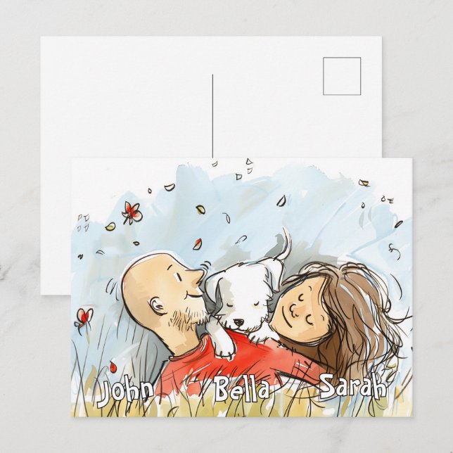 Carte Postale Couple avec Chien blanc (Devant / Derrière)