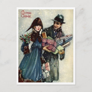 Carte Postale Couple Bonne Année Français Rétro Vintage