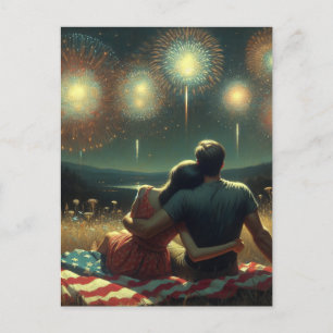 Carte Postale Couple Cuddling sous le feu d'artifice du 4 juille