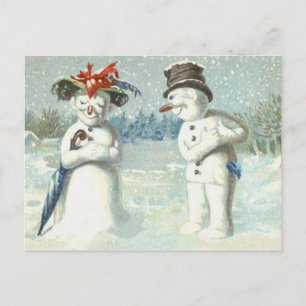Carte Postale Couple de bonhomme de neige en champ hivernal enne