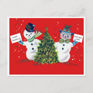 Carte Postale Couple de bonhomme de neige et arbre de Noël, vint