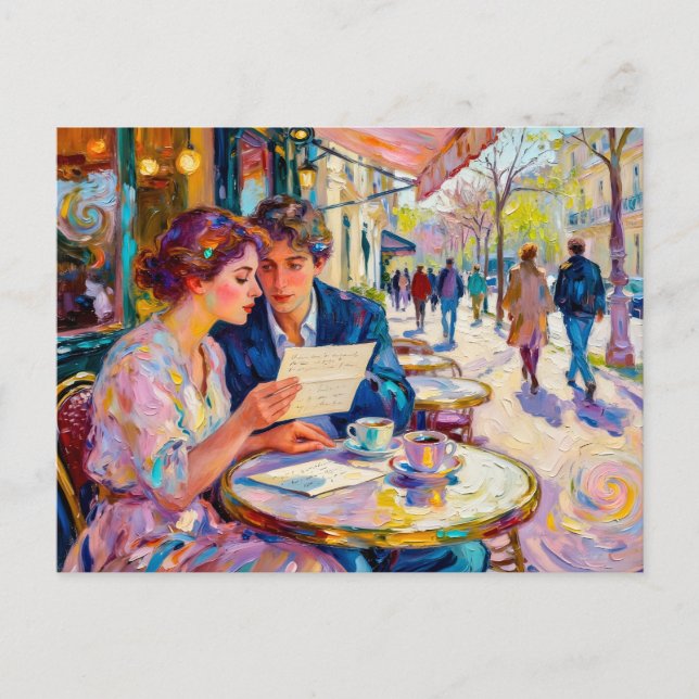 Carte Postale Couple de café impressionniste lisant et débattant (Devant)