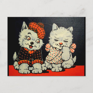 Carte Postale Couple de chien et de chat écossais vintage - roug