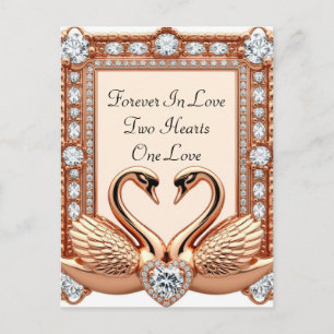 Carte Postale Couple de cygnes en or rose diamant coeur bijou ro