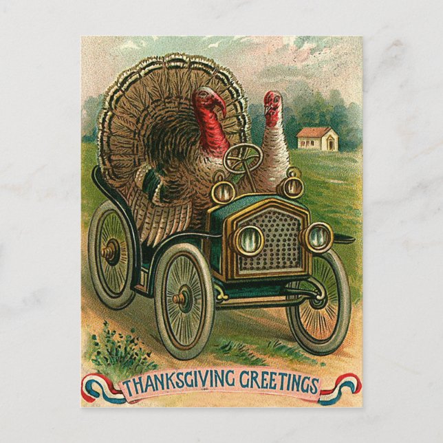 Carte Postale Couple de dindes sur une voiture classique, drôle  (Devant)