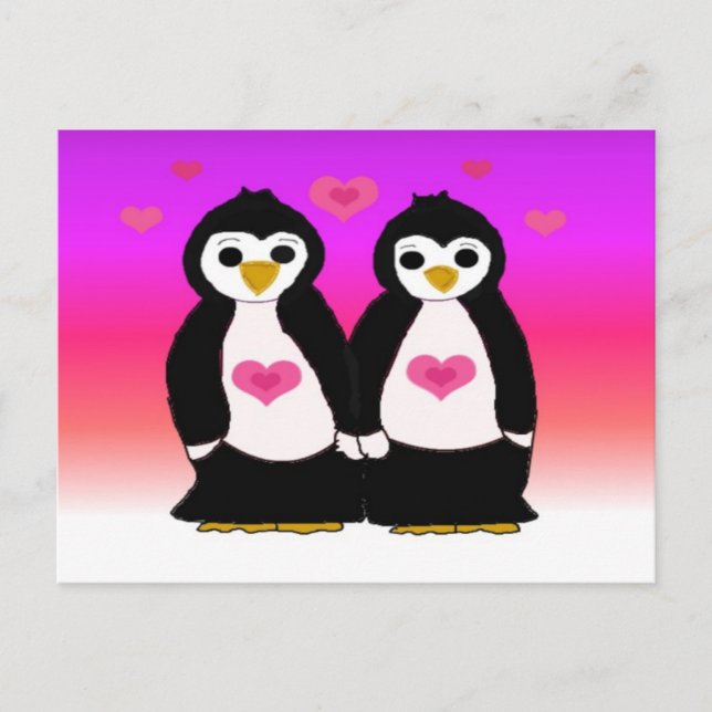Carte Postale Couple de manchots avec des cœurs (Devant)