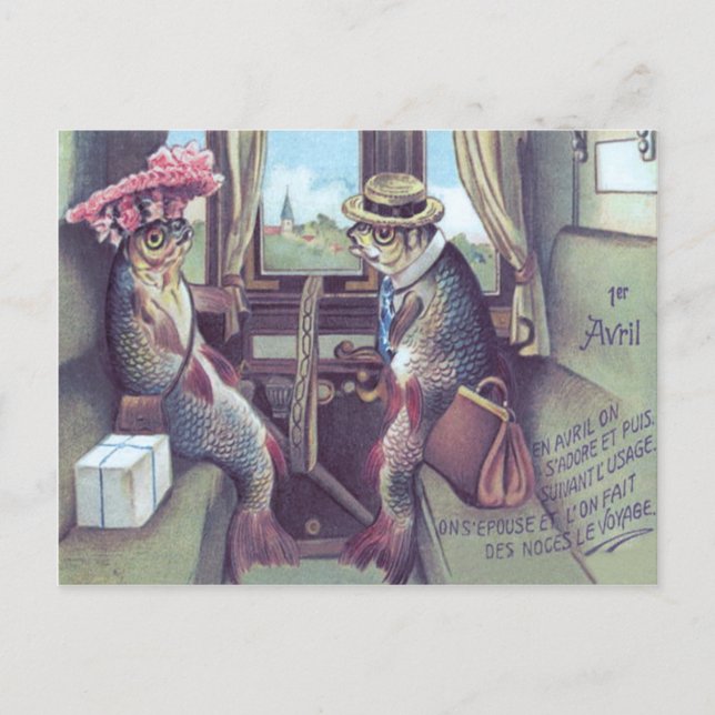 Carte Postale Couple de poissons dans un train (Devant)