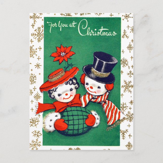 Carte Postale Couple de Snowman décoré de flocons de neige, vint (Devant)