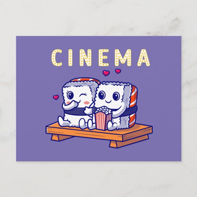 Carte Postale Couple de sushi mignon drôle regardant le cinéma à (Devant)