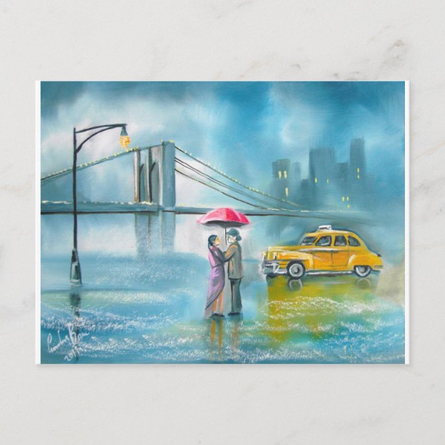 Carte Postale Couple de taxi jaune pluie jour couple romantique (Devant)