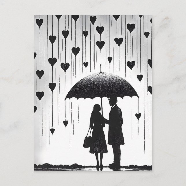 Carte Postale Couple debout sous parapluie, pluie en forme de co (Devant)