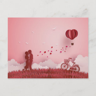 Carte Postale Couple découpé en papier Montgolfière Rouge Vélo