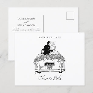 Carte Postale Couple en voiture de mariage 