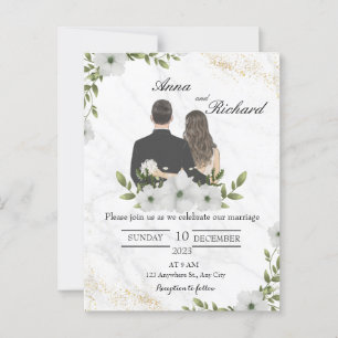 Carte postale - Couple illustré et fleurs blanches