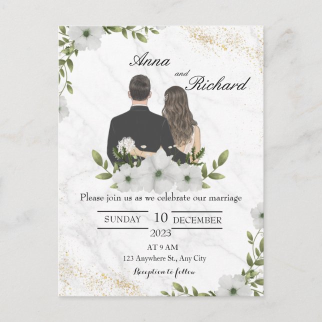 Carte postale - Couple illustré et fleurs blanches (Devant)
