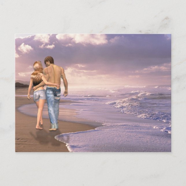 Carte Postale Couple in Love Marcher sur la plage dans le couche (Devant)