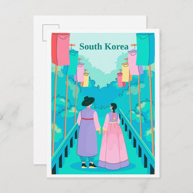 Carte Postale Couple in Seoul South Korea Travel Illustration (Devant / Derrière)