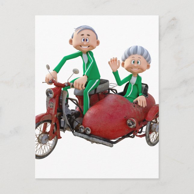 Carte Postale Couple plus âgé sur un cyclomoteur avec Sidecar (Devant)