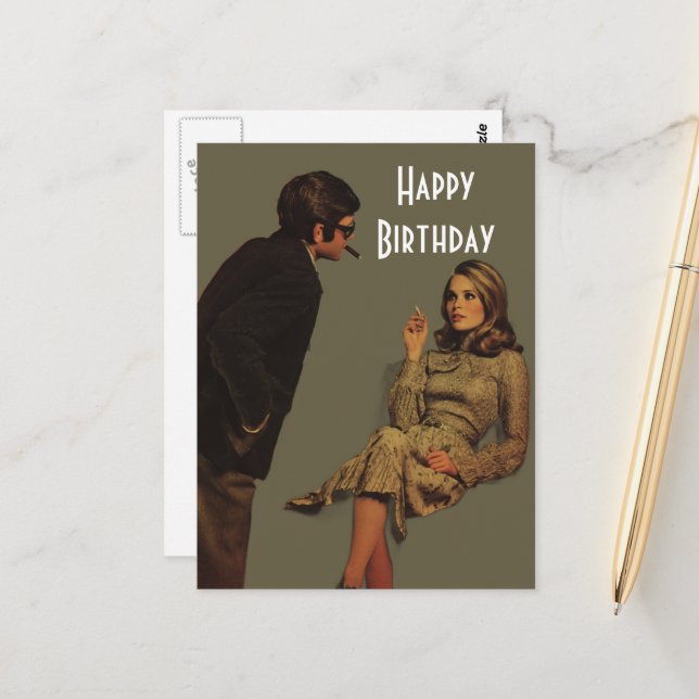 Carte Postale Couple Rétro Joyeux Anniversaire (Devant/Arrière en situation)