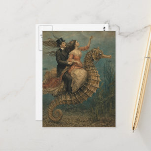 Carte Postale Couple Rétro sur une Fantaisie d'Hippocampe