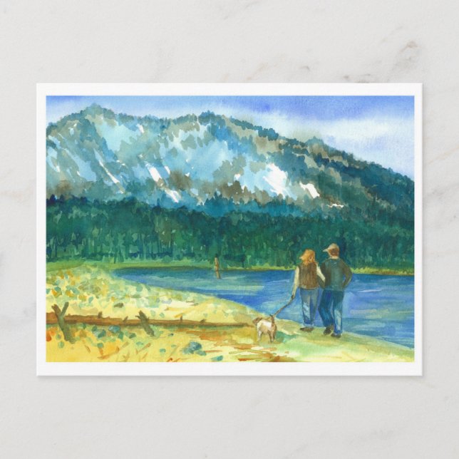 Carte Postale Couple romantique Amour Winter Lake Walk Aquarelle (Devant)