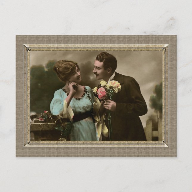 Carte Postale Couple romantique - apporter ses fleurs (Devant)