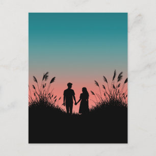 Carte Postale Couple Se Tenant la Main Coucher de Soleil Champ d