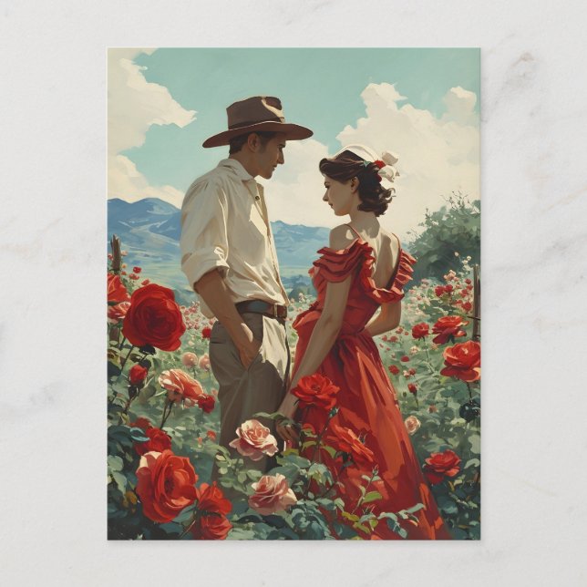 Carte Postale Couple vintage dans un domaine rose (Devant)