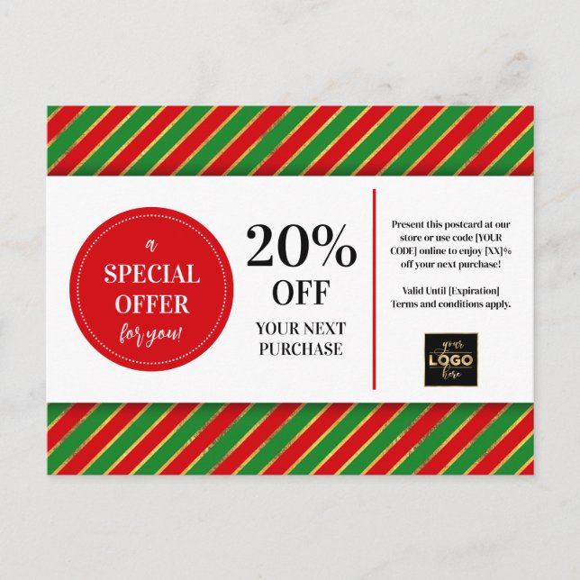Carte Postale Coupon de Noël Rouge Vert Personnalisé Remise (Devant)