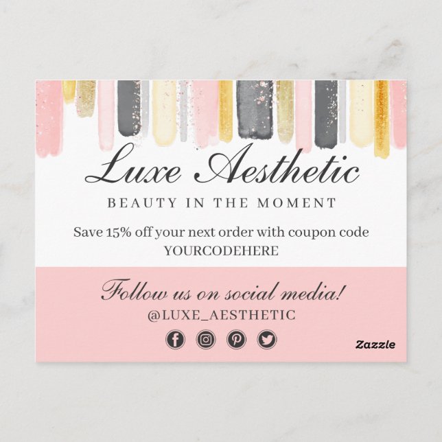 Carte Postale Coupon de peinture rose Merci et or (Dos)