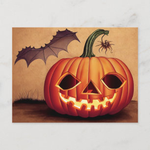 Carte Postale Courge halloween avec chauve-souris et araignée.