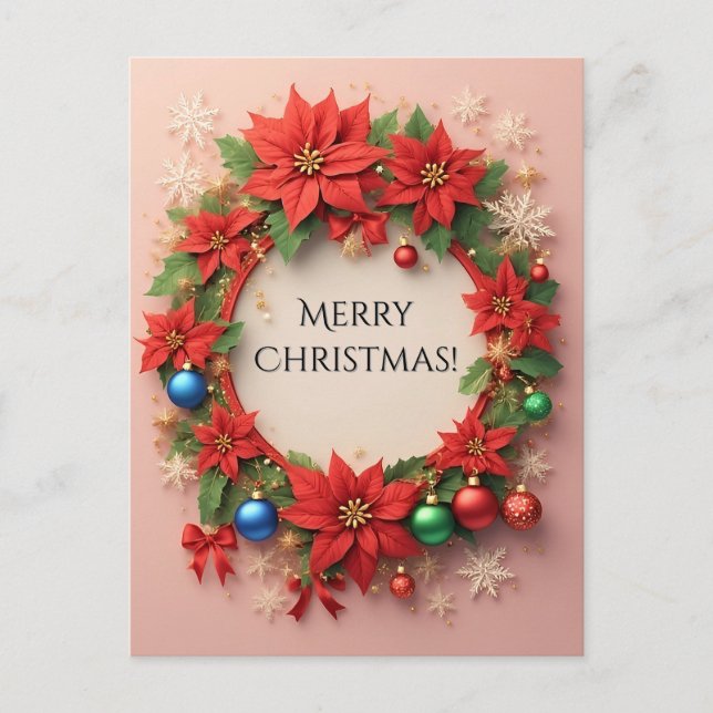 Carte Postale Couronne de fête 🎄✨ Poinsettia Boules Dorées (Devant)