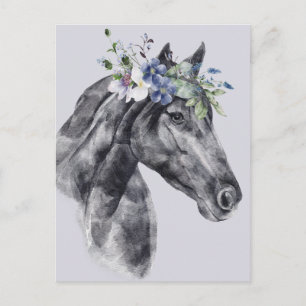Carte Postale Couronne de fleurs à l'aquarelle Portrait de cheva