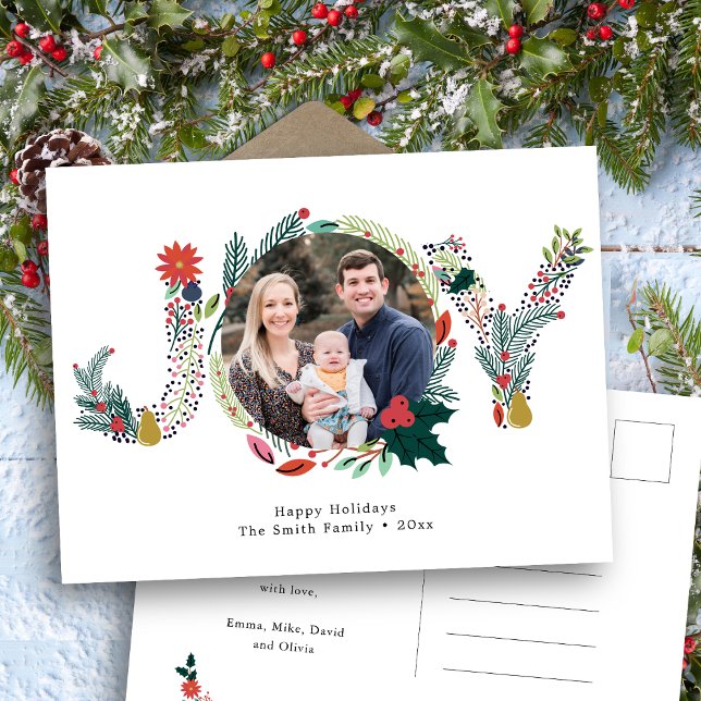 Carte Postale Couronne de JOY Fleurs Rouge Poinsettia et Branche (Créateur téléchargé)