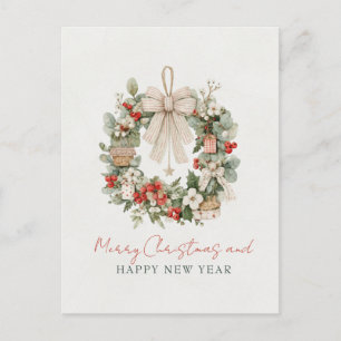 Carte Postale Couronne de Noël à l'aquarelle minimaliste
