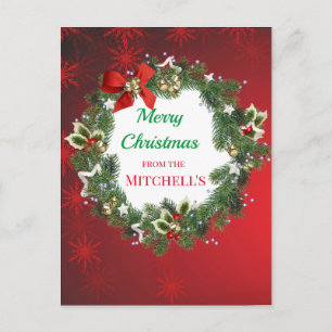 Carte Postale Couronne de Noël avec flocons de neige rouges