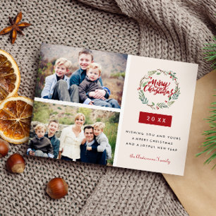 Carte Postale Couronne de Noël classique personnalisée Deux phot