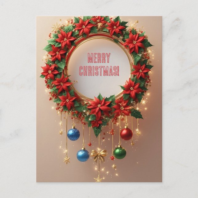 Carte Postale Couronne de Noël festive Fêtes 🎄✨ Poinsettia (Devant)