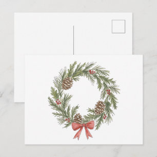 Carte Postale Couronne de Noël rustique avec pommes de pin et nœ