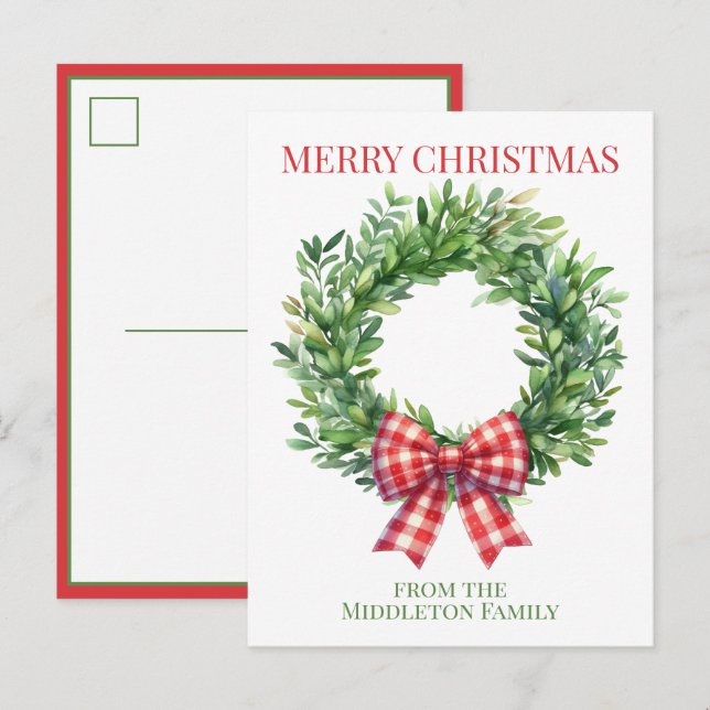 Carte Postale Couronne de Noël verte à l'aquarelle avec noeud à  (Devant / Derrière)